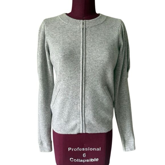 Charter Club Cashmere Full Zip Cardigan size S Zip Up Puff Sleeve Gray - Picture 2 of 10
